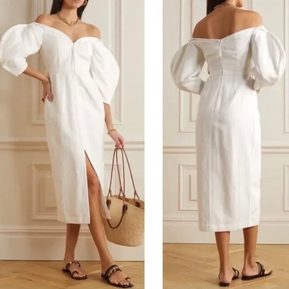 Mara Hoffman Leonara Off the Shoulder Ivory/White Linen Midi Dress Size 10 - Picture 2 of 4
